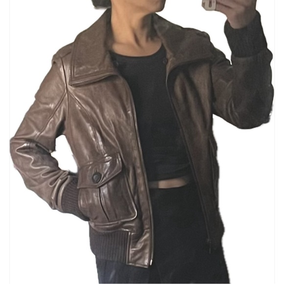 100% genuine brown leather bomber aviator jacket removable shearling collar - Picture 13 of 14